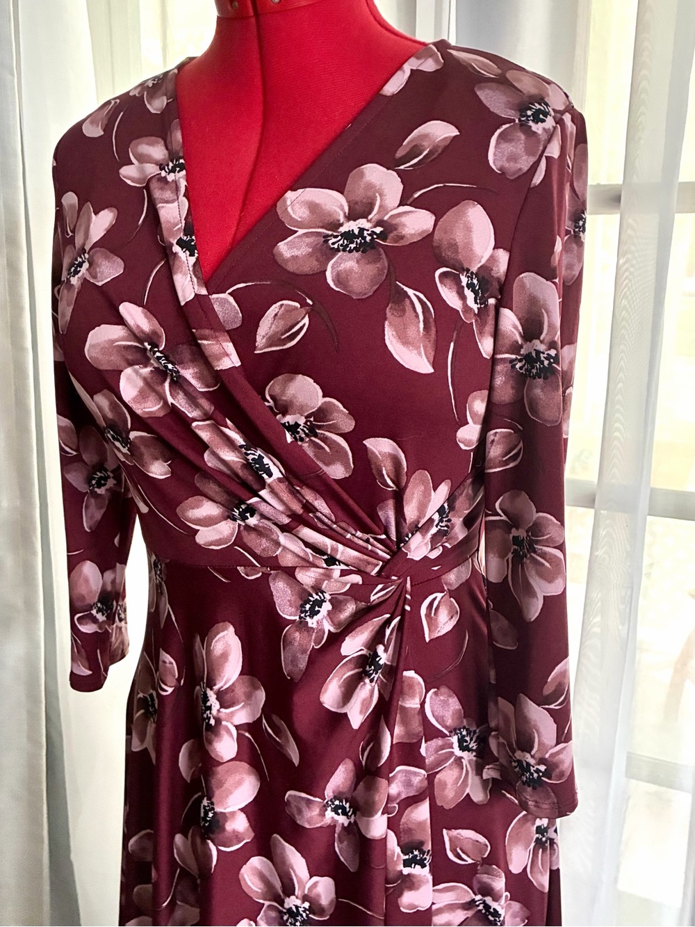 Perceptions Burgundy Floral Faux Wrap Midi Dress
